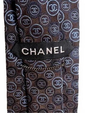 Chanel Vintage Silk CC Logo Tie Brown Blue OS